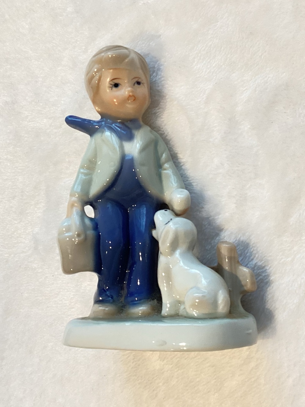 🇩🇪Vintage KPM Berlin Porcelain Glazed Boy With Dog Figurine Lunch Pail Fence